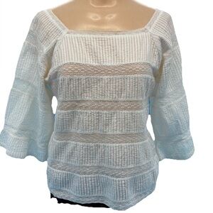 Brora Textured Lace Panel Blouse 
Square Neck Pleated Pintuck Cotton Top Size 8